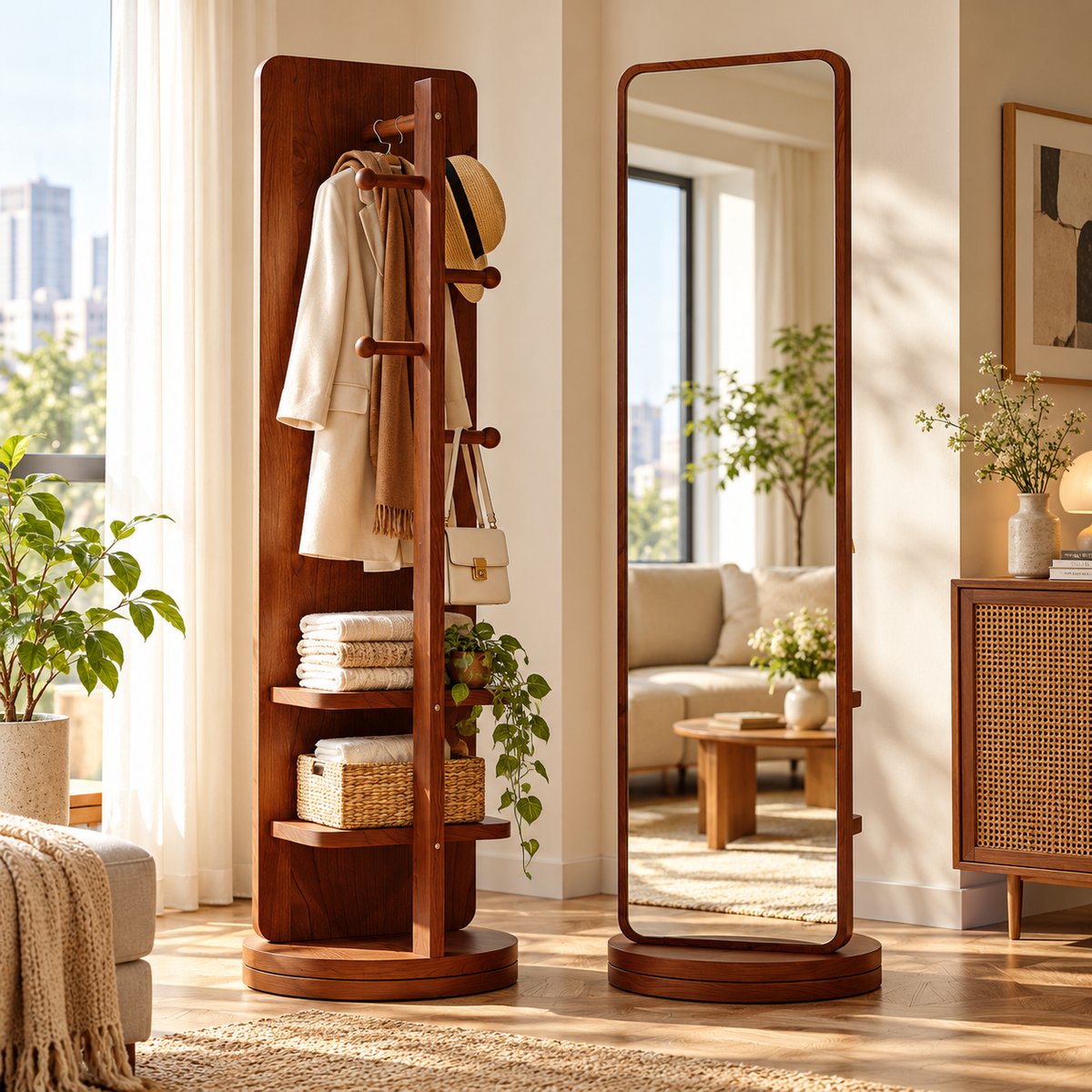 🪞 Rotating Mirror | Walnut Bedroom | Homeowners Storage Dressing Station
