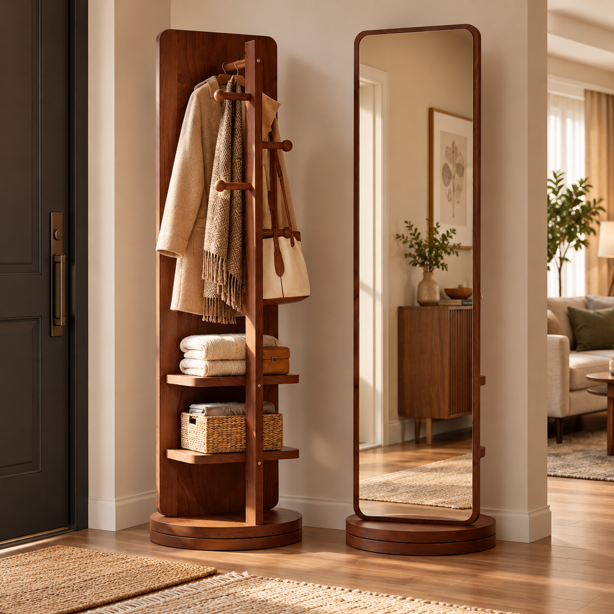 🪞 Rotating Mirror | Walnut Bedroom | Homeowners Storage Dressing Station