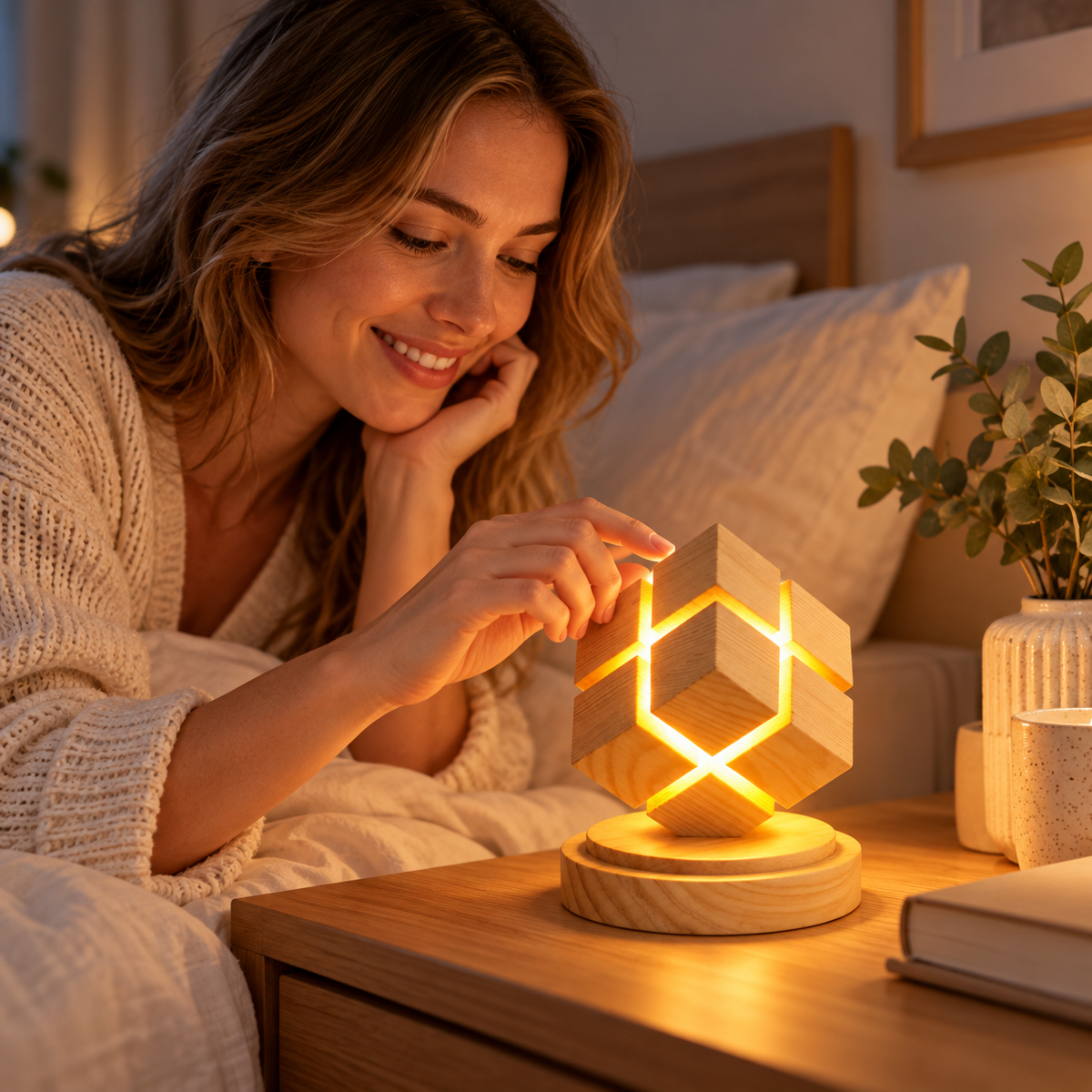 🧊 Cube Night Light | Rubberwood Bedroom | Couples Geometric Glow