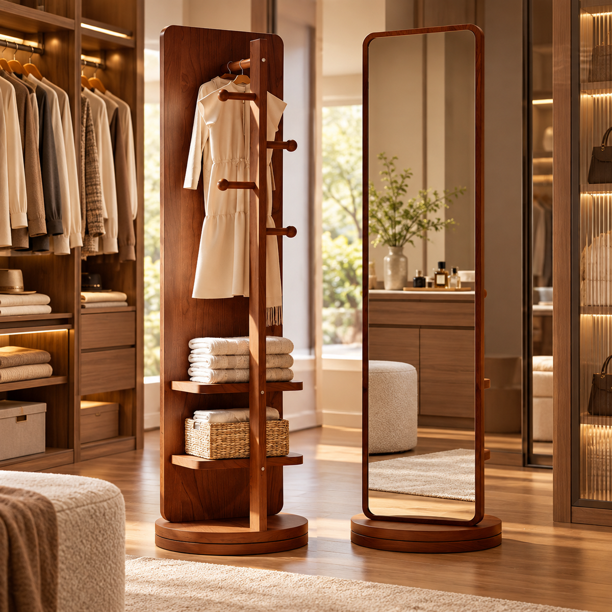 🪞 Rotating Mirror | Walnut Bedroom | Homeowners Storage Dressing Station