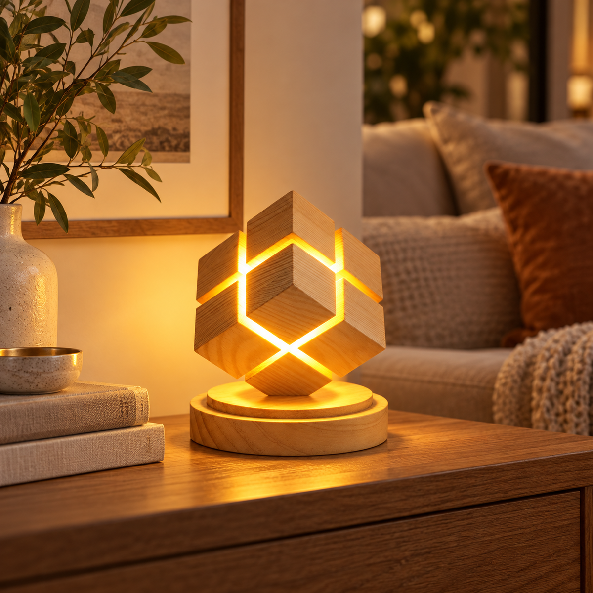🧊 Cube Night Light | Rubberwood Bedroom | Couples Geometric Glow