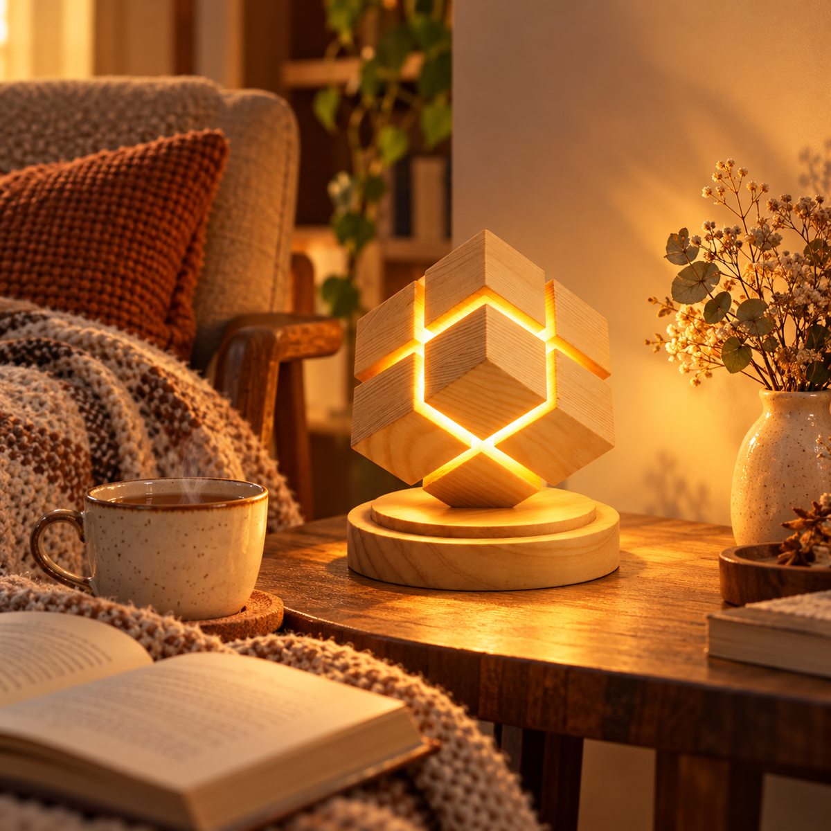 🧊 Cube Night Light | Rubberwood Bedroom | Couples Geometric Glow