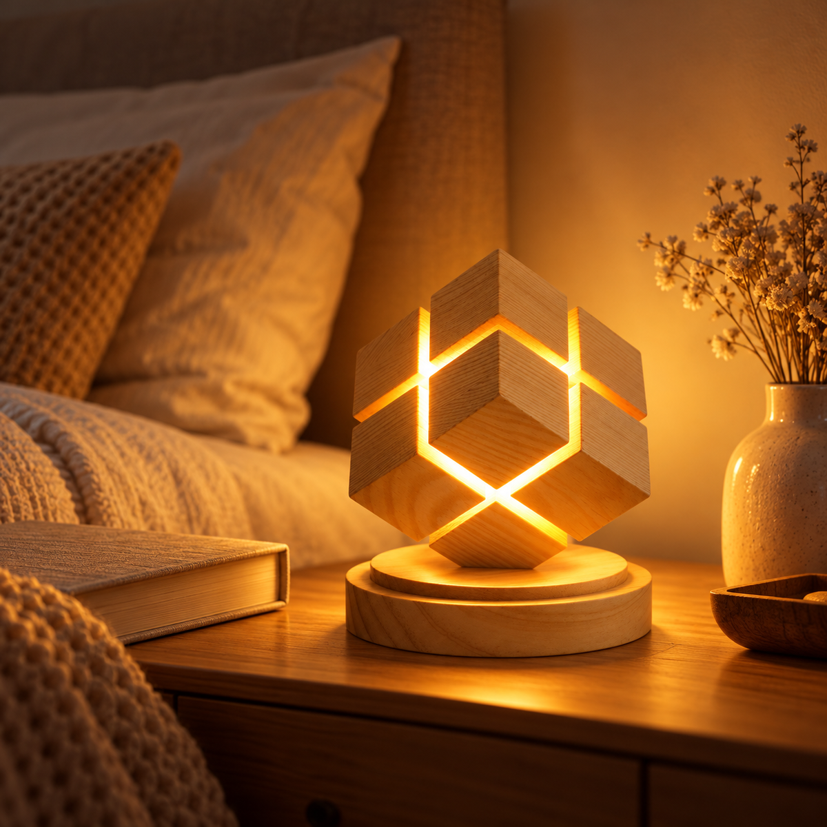🧊 Cube Night Light | Rubberwood Bedroom | Couples Geometric Glow